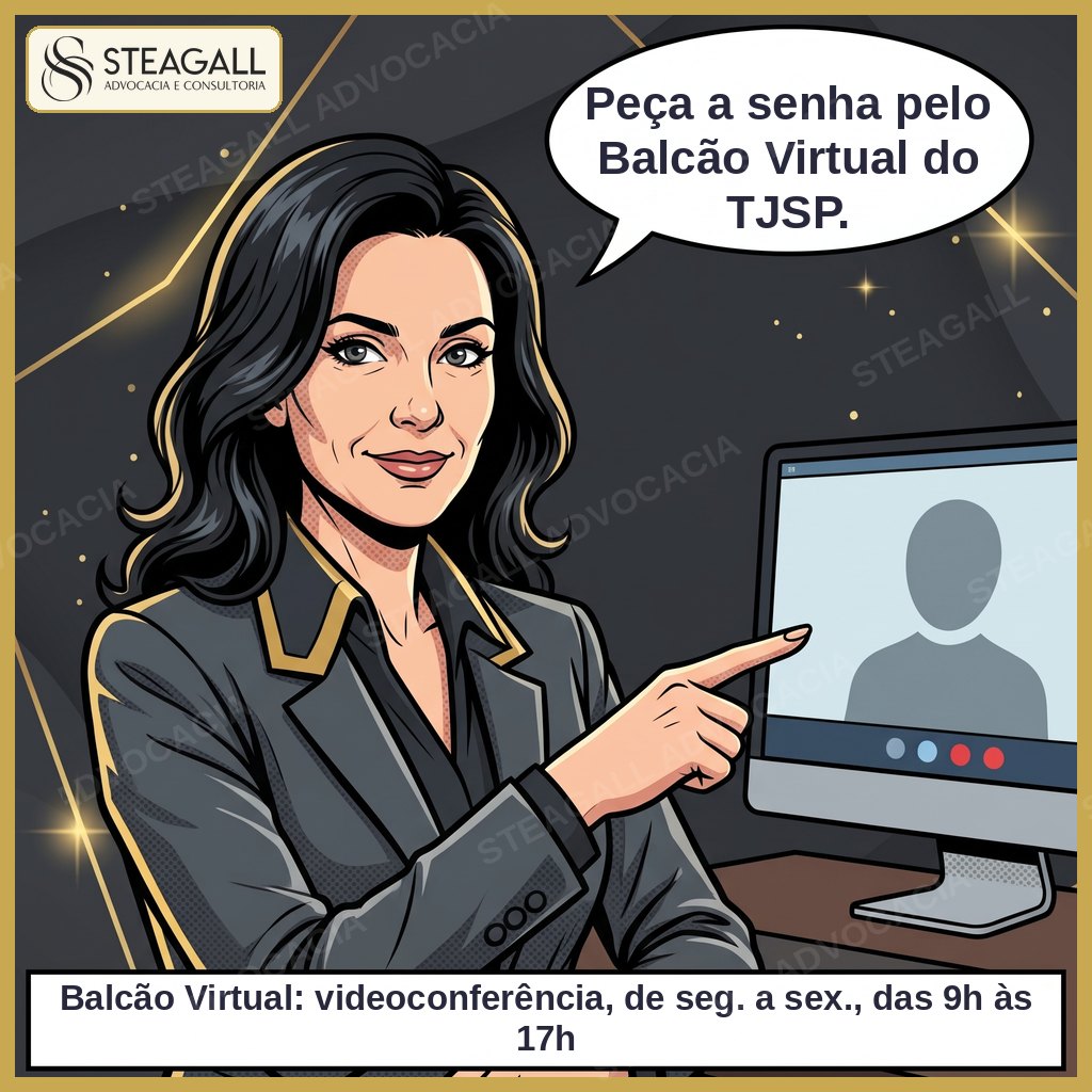 Dra. Mônica Steagall aponta para a tela do computador com a videochamada do Balcão Virtual do TJSP.