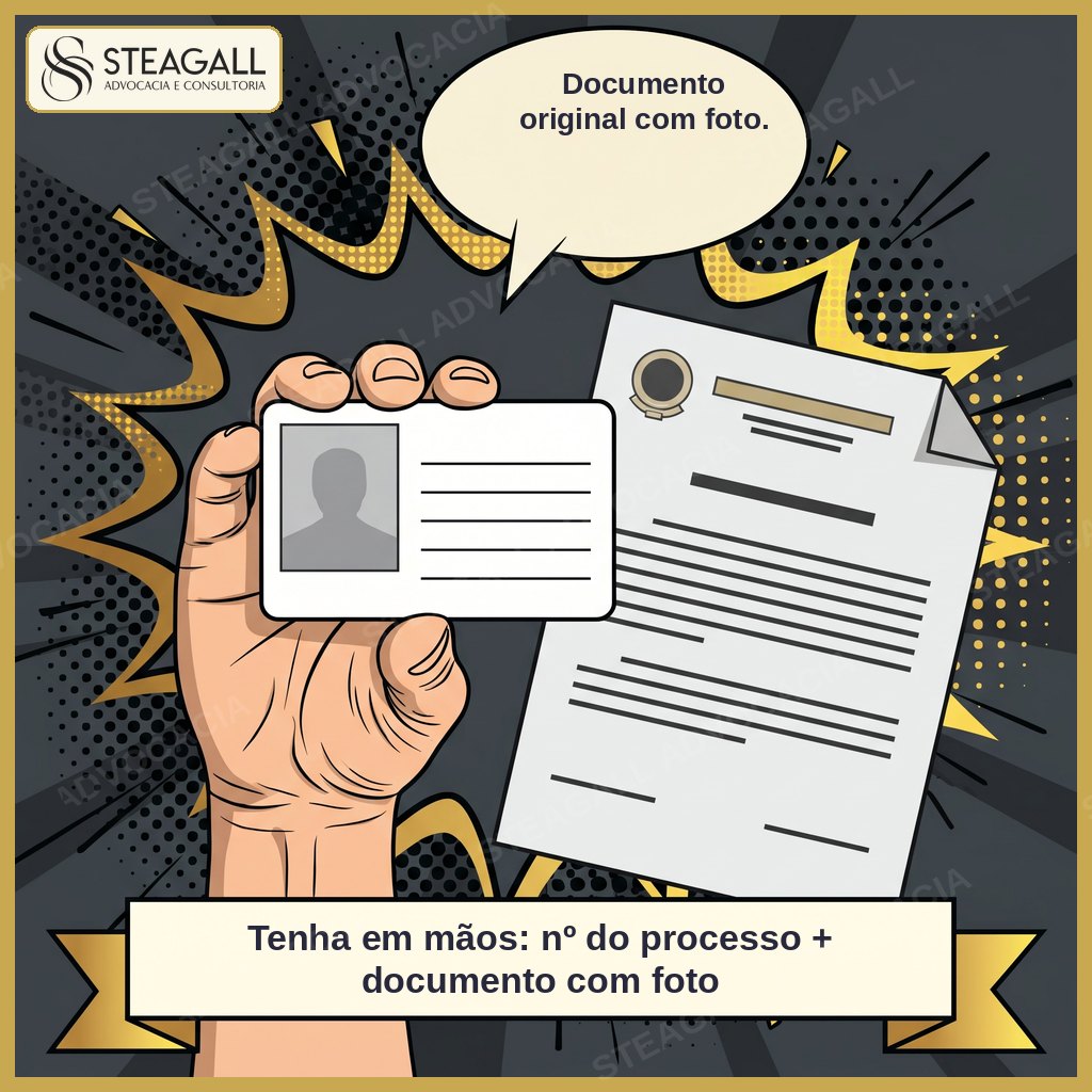 Uma mão segura um documento original com foto ao lado de um papel com o número do processo.
