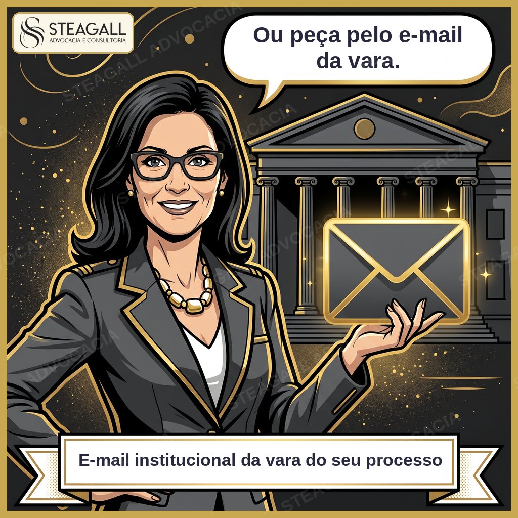 Dra. Mônica Steagall diante do fórum, com um envelope dourado: a senha também pode ser pedida pelo e-mail da vara.