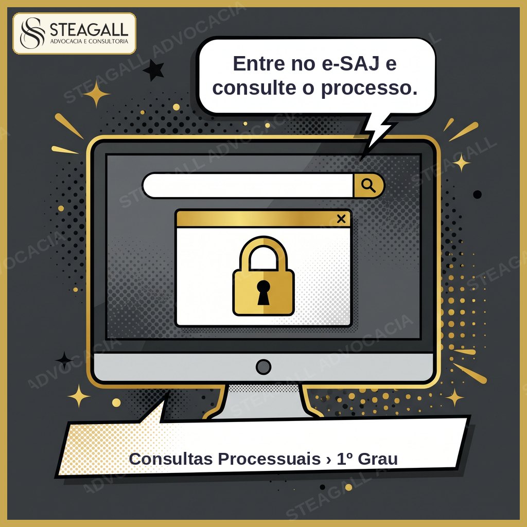 Tela de computador com a página de consulta do e-SAJ e um cadeado dourado.