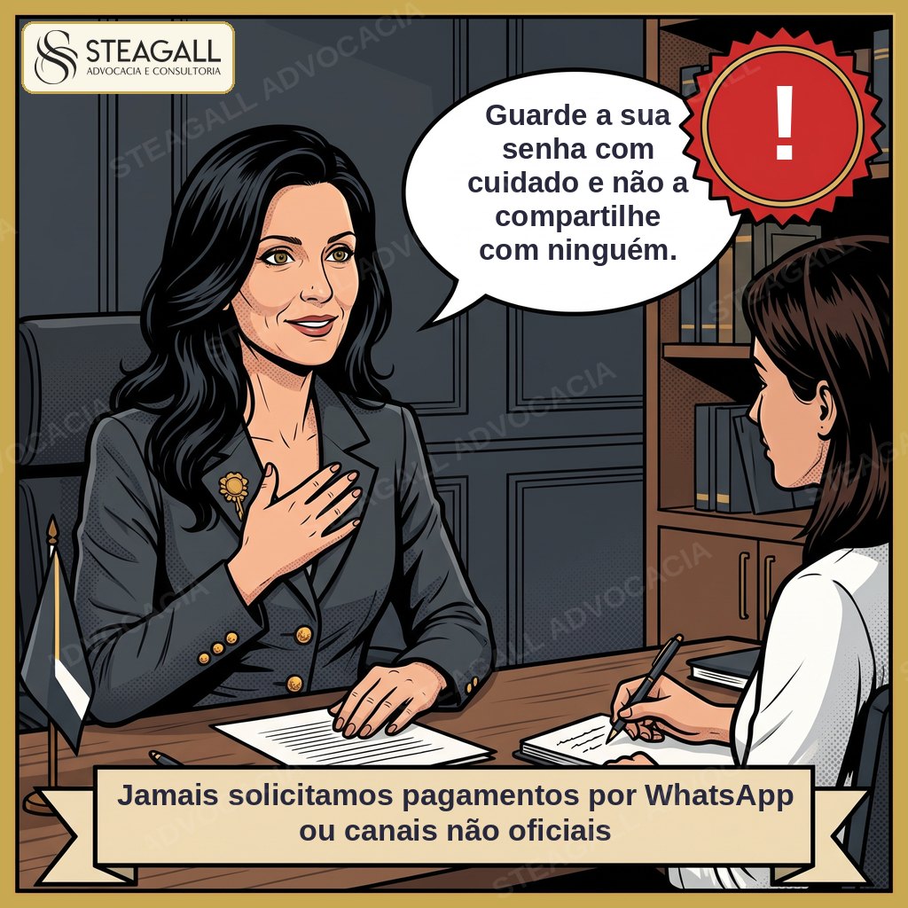 Dra. Mônica Steagall em atendimento orienta a cliente a guardar a senha com cuidado; faixa com aviso antifraude.